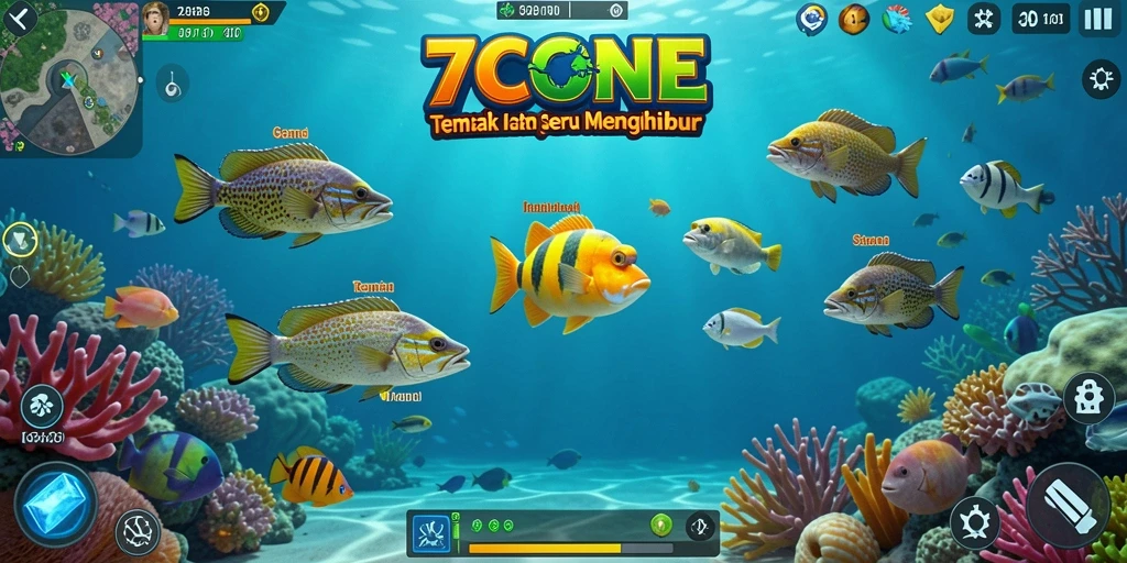 Tampilan gameplay seru saat menembak ikan di 7CONE.