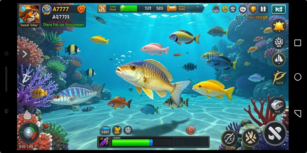 Tampilkan gameplay seru A7777 dengan berbagai ikan yang dapat ditembak.