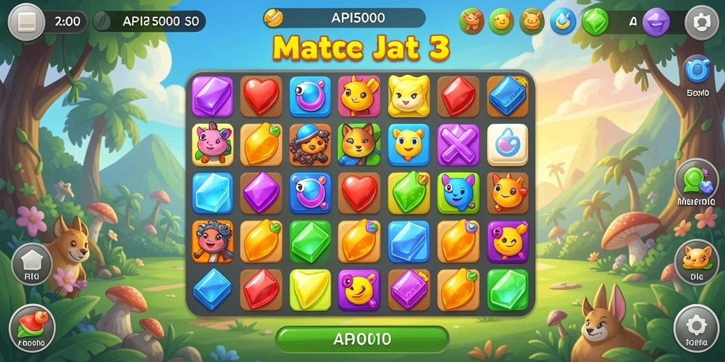 Tangkapan layar gameplay seru dari API5000 dengan berbagai item dan tantangan Match-3.