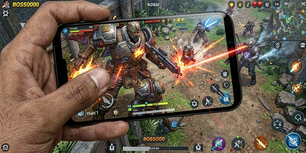 Tangkapan layar utama BOS5000 menampilkan aksi seru dalam pertempuran Battle Royale.