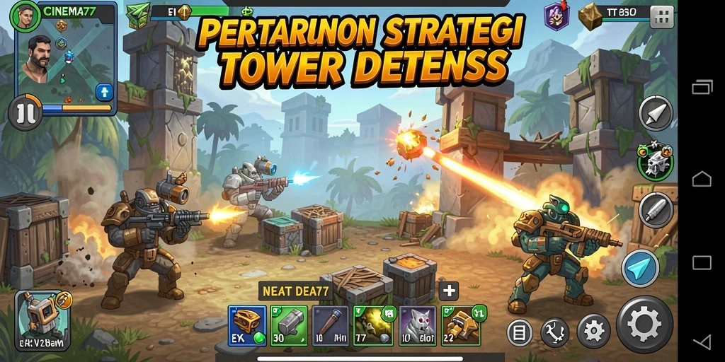 Screenshot utama CINEMA77 menampilkan aksi seru dalam pertempuran Tower Defense.