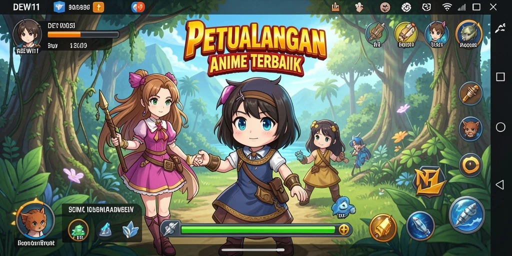 Screenshot gameplay DEWI11 dengan karakter anime yang dinamis dan latar yang menawan.