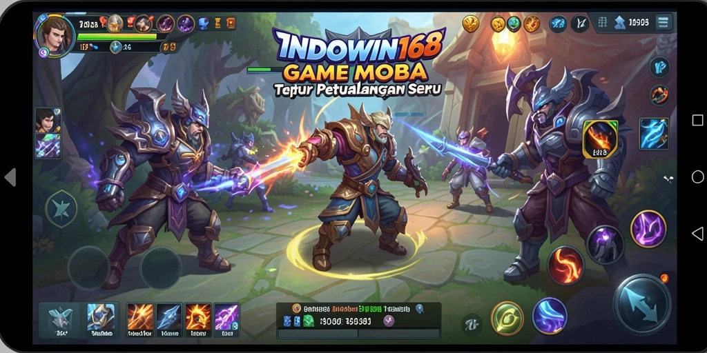 Screenshot INDOWIN168 menunjukkan aksi pertarungan seru di arena MOBA.