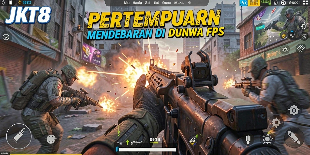 Screenshot utama gameplay JKT8 dengan aksi tembak-tembakan yang intens.