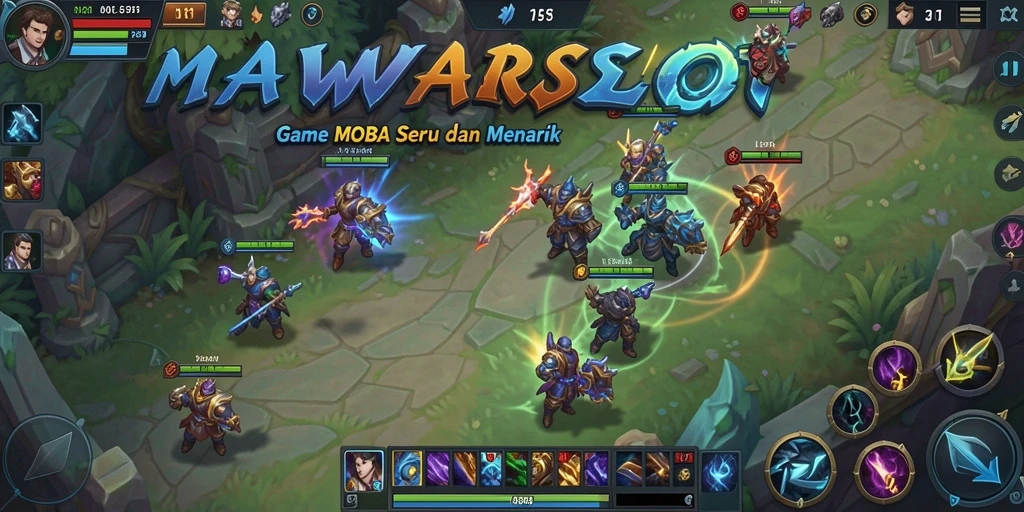 Screenshot utama MAWARSLOT menunjukkan gameplay MOBA yang intens dan seru.
