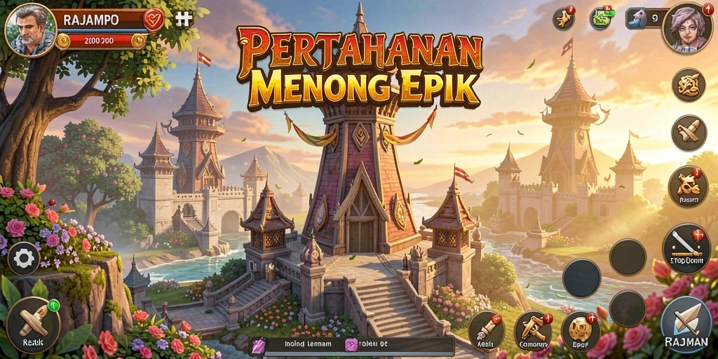 Screenshot gameplay RAJAMPO menunjukkan aksi pertahanan menara yang intens.