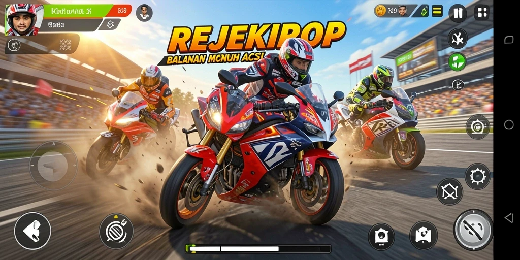 Gameplay seru dalam REJEKIPOP dengan balapan motor yang penuh tantangan.