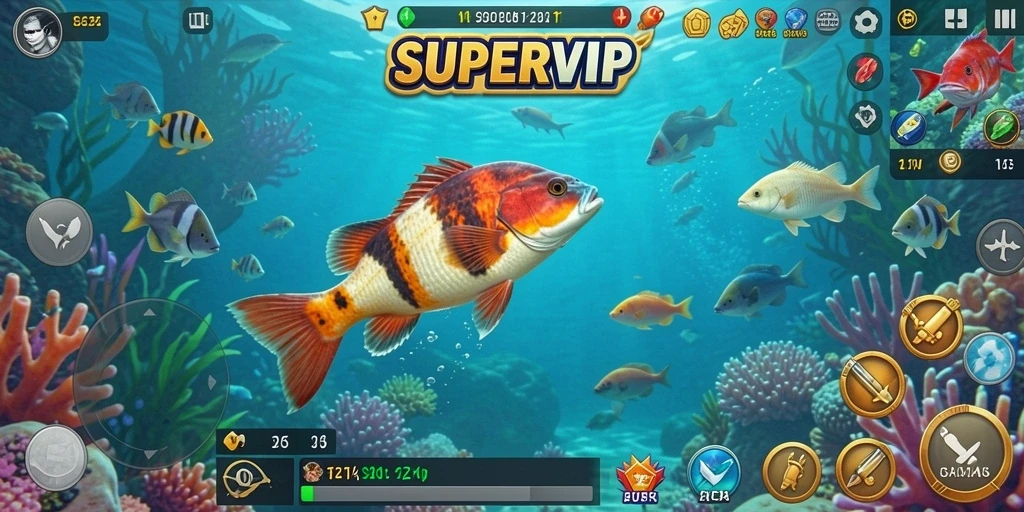 Gameplay seru dari SUPERVIP dengan banyak ikan untuk ditembak.
